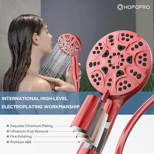 Miniatura 2 de Juego de cabezal de ducha de mano de alta presión de 6 modos, cabezal de ducha de mano HOPOPRO de alto flujo recomendado por consumidores con Rojo