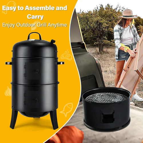 Miniatura 8 de Parrilla vertical para ahumar carbón de 32 pulgadas, parrilla de barbacoa resistente con termómetro integrado, parrilla 3 en 1 y ahumador, olla