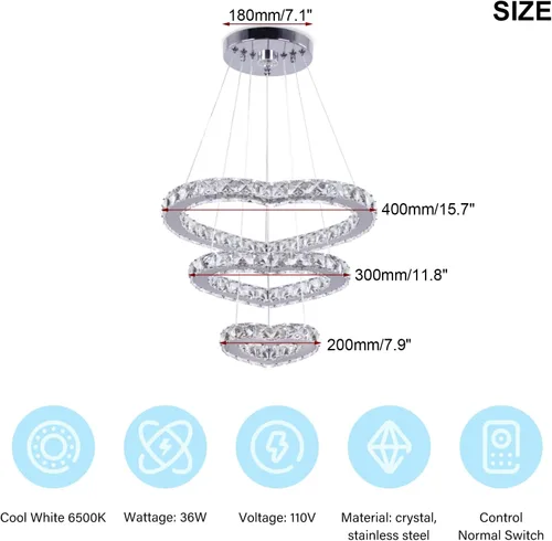 Miniatura 4 de Lámpara de araña moderna de cristal de corazón de 3 anillos con iluminación LED colgante de acero inoxidable para sala de estar, comedor y blanco