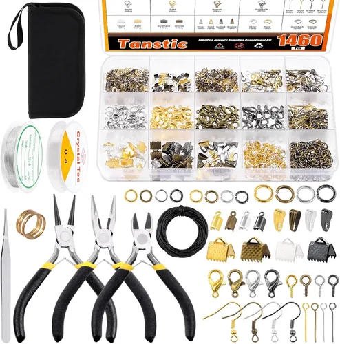 Miniatura 8 de Tanstic Kit de 1251 piezas de suministros para hacer joyas, kit de fabricación de joyas con alicates de joyería, anillos de salto, alambres