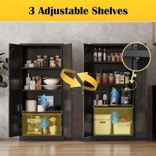 Miniatura 4 de SteeLoong - Gabinetes de almacenamiento de cocina de metal, armario de despensa de 60" con puertas y 4 estantes ajustables, armario alto negro