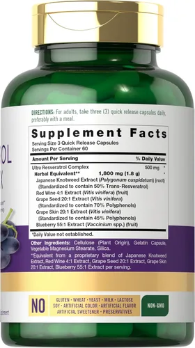 Miniatura 2 de Carlyle Suplemento de resveratrol 1800 mg 180 cápsulas Sin OMG y sin gluten Complejo potente