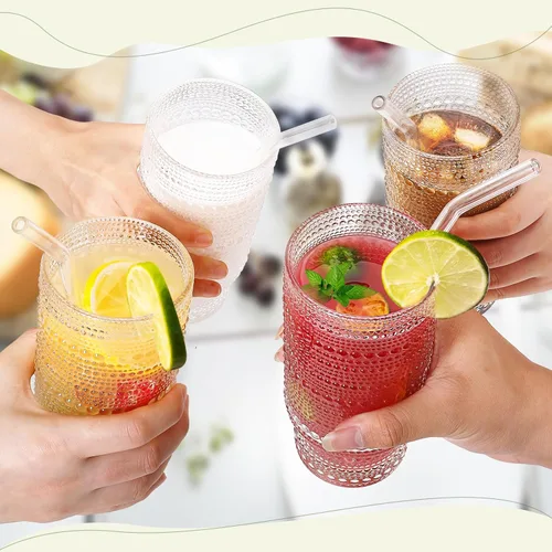 Miniatura 6 de CWHHRN Vasos de vidrio de 16 onzas con tapas y pajitas, cristalería vintage en relieve para whisky, cóctel, cerveza, taza de café helado con tapa