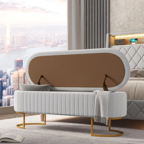 Miniatura 20 de EcoHarbor Living Banco de almacenamiento de 50.5" para pasillo, otomano tapizado con extremo de cama de terciopelo con patas doradas, reposapiés