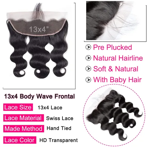 Miniatura 2 de Lemoda - Extensiones de cabello con cuerpo ondulado frontal 13x4, de encaje transparente HD, cierre frontal de encaje de cabello humano brasileño