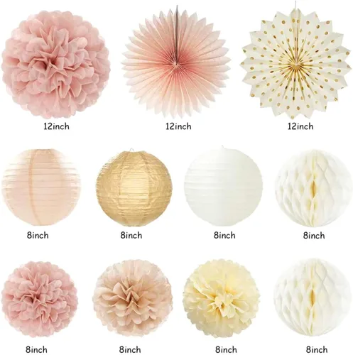 Miniatura 2 de Beige Champagne Rose Gold Women-Girls Birthday Decorations - 21pcs Fall Boho Party Happy Banner, Peach Streamers,Paper Lanterns,Pom Poms Fans 16th