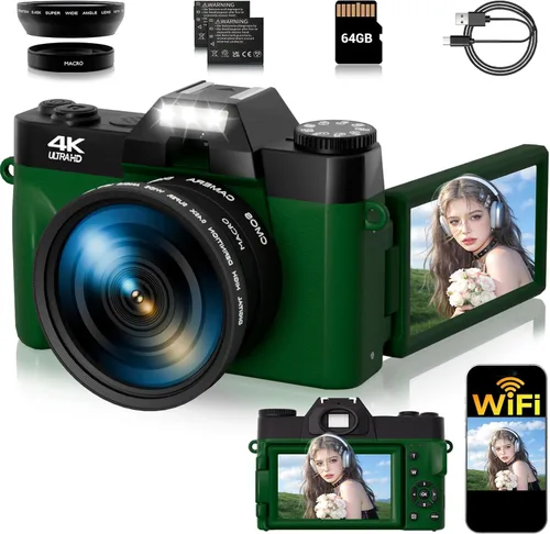 Miniatura 11 de Cámara digital, 75MP WiFi 4K Vlogging cámara de video para YouTube con pantalla abatible de 180° de 3 pulgadas, tarjeta SD de 64 GB, antivibración