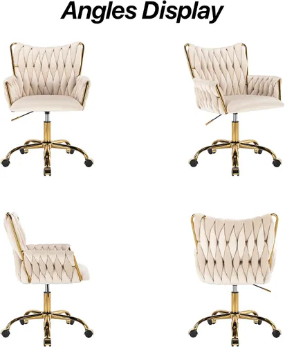 Miniatura 9 de KCC Silla Moderna de Terciopelo para Oficina en Casa con Respaldo Tejido a Mano, Silla Tapizada Ajustable para Maquillaje con Reposabrazos y Base