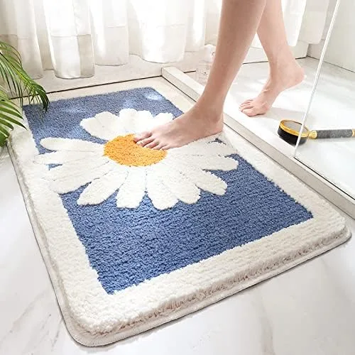 Tapete de baño suave con diseño de margarita, divertido tapete de baño antideslizante absorbente de agua, lavable a máquina (azul)