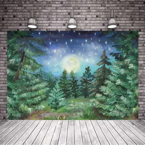 Miniatura 2 de Telón de fondo de bosque nocturno estrellado de 5 x 3 pies, selva, noche, luz de luna, bosque, pino, luna grande, fondo de fotografía, fondo