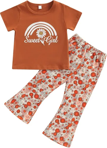 Nie Cuimeiwan Toddler Baby Girl Bell Bottoms Outfit Floral Pullover T-shirt Top Flare Pants Set Mamas Baby Clothes