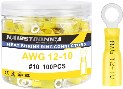 Miniatura 20 de Haisstronica - 200 conectores de anillo termorretráctil de calibre 1/4" de grado marino, conectores de alambre azul AWG 16-14, conectores de anillo