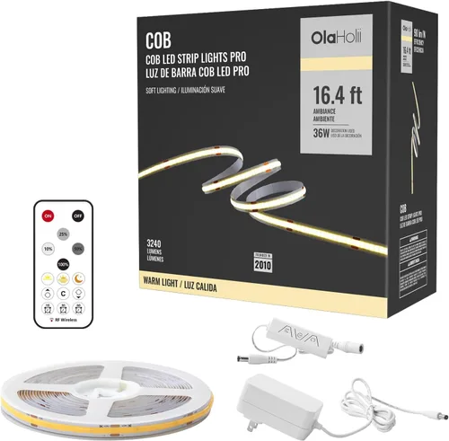 Miniatura 12 de Tira de luz LED COB de 32.8 pies con control remoto, 4000K Ra93+ regulable brillante luz LED COB tira de luz blanca continua para espejo, escalera