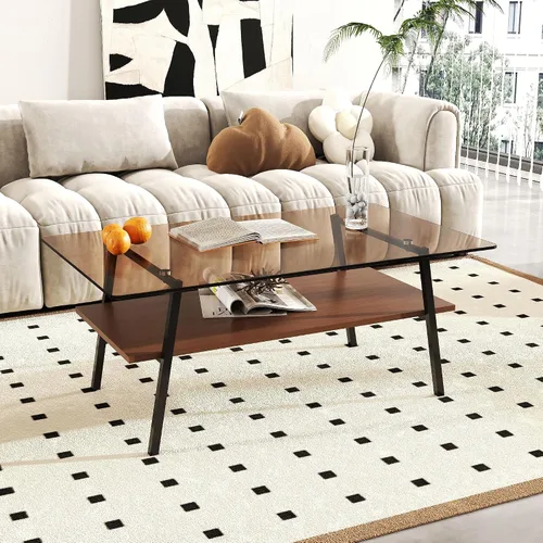 Mesa de centro de cristal para sala de estar, mesa de centro de 2 niveles de mediados de siglo, mesa central con parte superior de vidrio templado