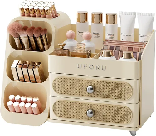 UFORU Organizador de maquillaje para tocador con soporte para pinceles, organizador de cuidado de la piel de gran capacidad para encimera de baño