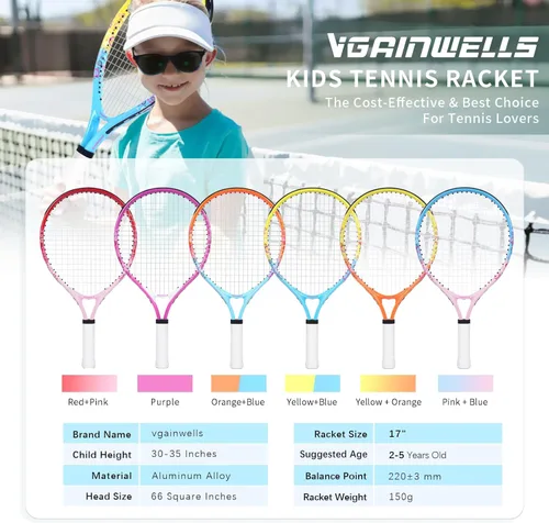 Miniatura 2 de Raqueta de tenis para niños de 17"-23" para edades de 2-9 años, ligera y duradera, incluye 1 raqueta de tenis para niños pequeños y 1 cintas