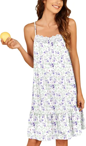 Miniatura 10 de Ekouaer Camisones de algodón para mujer, sin mangas, vestido de noche de encaje, vestido de noche con botones, camisón victoriano