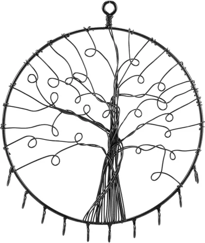 Miniatura 2 de MyGift Soporte redondo de metal para colgar en la pared, diseño de silueta de árbol de metal, aretes y ganchos para collares, negro