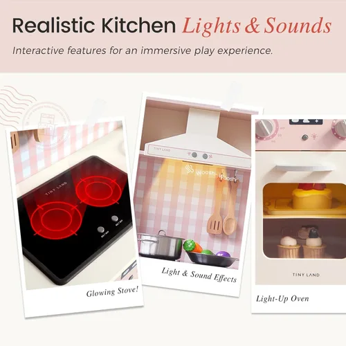 Miniatura 3 de Tiny Land Juego de cocina para niños, juego de cocina de madera para niños, juego de cocina de chef para niños pequeños con luces y sonidos reales