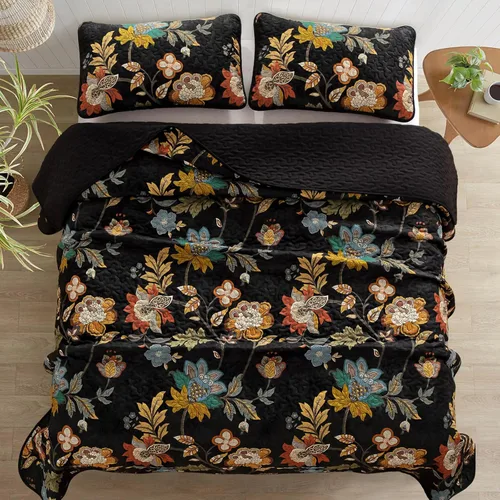 Miniatura 3 de WONGS BEDDING Juego de colcha tamaño Queen, juego de ropa de cama con estampado botánico negro, 3 piezas, colcha floral con 2 fundas de almohada