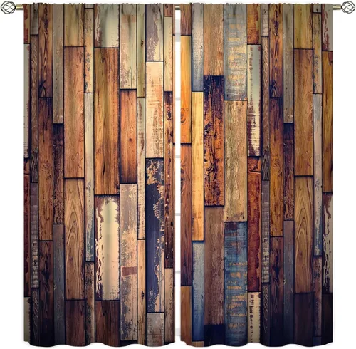 Cortinas opacas de madera retro, estilo casa de campo, color marrón antiguo, tela con bolsillo para barra, juego de 2 paneles para dormitorio, baño,