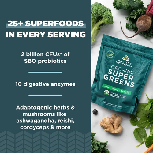 Miniatura 5 de Ancient Nutrition Proteína en polvo de péptidos de colágeno múltiple, sin sabor, 100 porciones + polvo orgánico Supergreens, sin sabor, 50 porciones