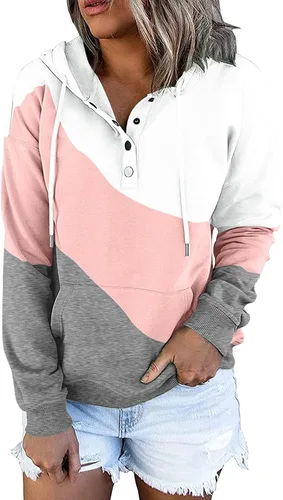 Miniatura 2 de Sudaderas con capucha de moda con bloques de color para mujer sueltas casuales con botones manga larga con cordón con bolsillo