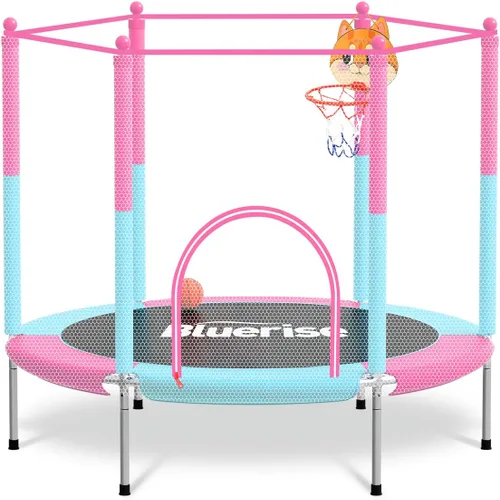 Miniatura 13 de Bluerise - Cama elástica de 55 pulgadas/6 pies, para niños, juego interior y exterior, con canasta de baloncesto para cama elástica, malla de Rosa
