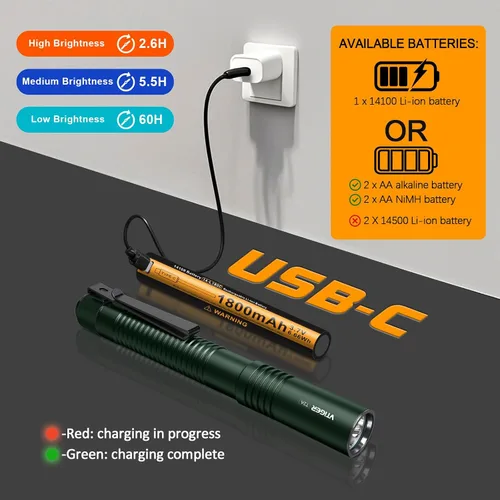 Miniatura 6 de VTIGER T2A - Linterna compacta EDC de 1500 lúmenes de alto, linterna LED recargable AA, superbrillante, pequeña, táctica, con bolsillo, con imán
