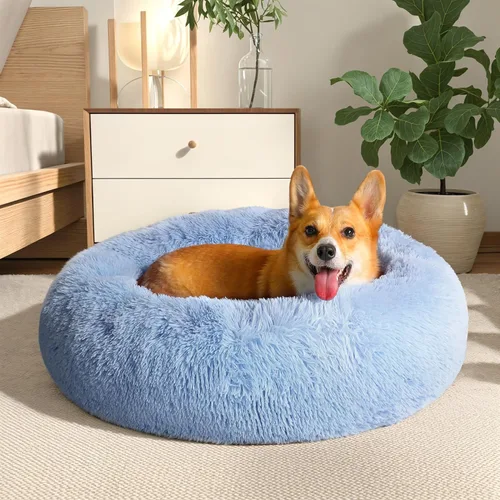 Miniatura 8 de WESTERN HOME WH Cama calmante para perros y gatos, dona acogedora anti-ansiedad, cama redonda cálida y acogedora de piel sintética, suave y azul