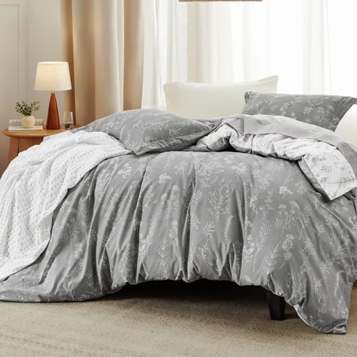 Miniatura 2 de Bedsure - Juego de edredón tamaño queen, gris; juego de ropa de cama floral de 3 piezas, 1 edredón reversible suave con flores botánicas y 2 fundas