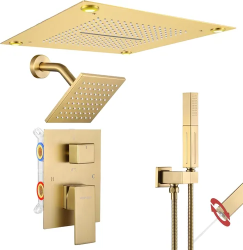 Miniatura 10 de VANFOXLE Juego de grifo de ducha dorado cepillado, grifo de ducha con 2 en 1 de mano, cabezal de ducha LED de 16 pulgadas, cabezal de ducha LED de 6