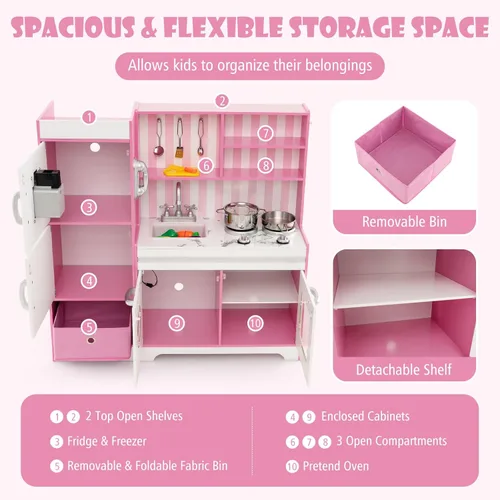 Miniatura 7 de KOTEK Juego de cocina con luces y sonidos, juego de cocina de madera para niños pequeños con máquina de hielo, lavadora, 16 accesorios y estufa, Rosa