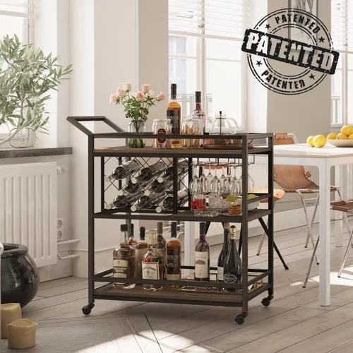 Miniatura 2 de FATORRI Carrito de bar para el hogar con estante para vino y soporte para vasos, pequeño carrito de servicio de bar en casa con ruedas para licor