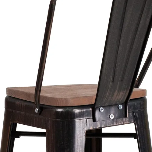 Miniatura 9 de Merrick Lane Amsterdam Taburete de bar – Silla de bar de metal negro antiguo con asiento de madera – Taburete de cocina con respaldo curvado