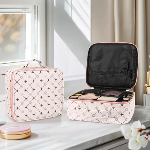Miniatura 2 de Bolsa de maquillaje de viaje, organizador de cosméticos impermeable, divisores ajustables, estuche de tren de cosméticos portátil, organizador