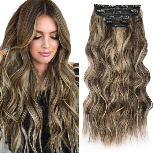Miniatura 12 de Extensiones de cabello rubio con clip, de 22 pulgadas, extensiones de cabello largo y rizado con clip, 4 unidades, extensiones de cabello sintético