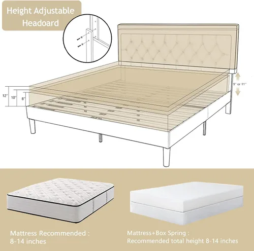 Miniatura 6 de Einfach Marco de cama tapizado de tela capitonada con botones y cabecera ajustable, soporte de listones de madera, base de colchón, fácil montaje