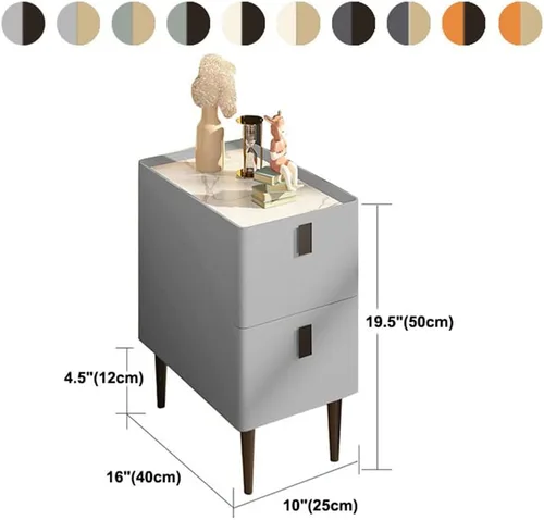 Miniatura 2 de Mesita de noche moderna de madera maciza con almacenamiento de 2 cajones, parte superior de mármol, práctica mesa auxiliar auxiliar para dormitorio