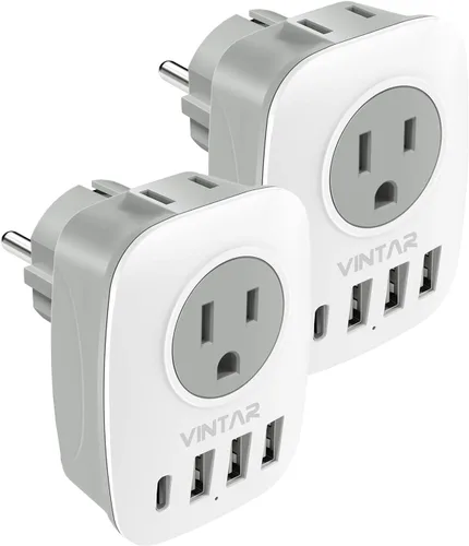 Miniatura 13 de Paquete de 2 adaptadores de enchufe de viaje europeo, VINTAR Adaptador de enchufe de alimentación internacional con 1 USB C, 2 salidas americanas