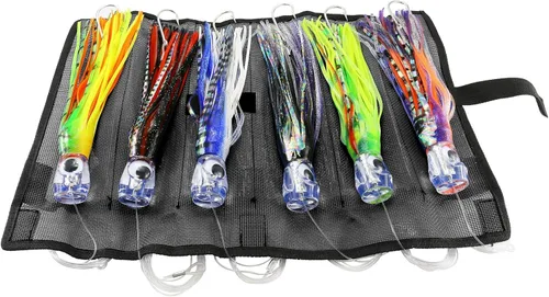 Miniatura 7 de OCEAN CAT Juego de señuelos de pesca de agua salada, anzuelo de pesca en alta mar y faldas de pulpo/calamar de 6 pulgadas/9 pulgadas para atrapar