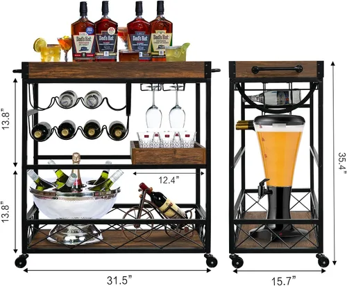 Miniatura 7 de Carrito de bar para el hogar, carrito de servicio industrial de 3 neumáticos con ruedas bloqueables, carrito de bebidas alcohólicas con 2 bandejas