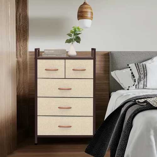Miniatura 2 de Unidad organizadora de tela con 5 cajones, fácil montaje, torre de almacenamiento vertical para armario, dormitorio, entrada, beige