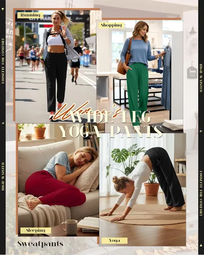 Miniatura 28 de Neer - Conjunto de 3 pantalones de yoga de pierna ancha para mujer - Pantalones deportivos cómodos, holgados, de cintura alta y casuales