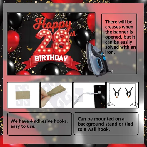 Miniatura 4 de Cartel de feliz cumpleaños 28 color rojo y negro, decoración temática de globos para niñas y mujeres, princesas de 28 años, fiesta de cumpleaños