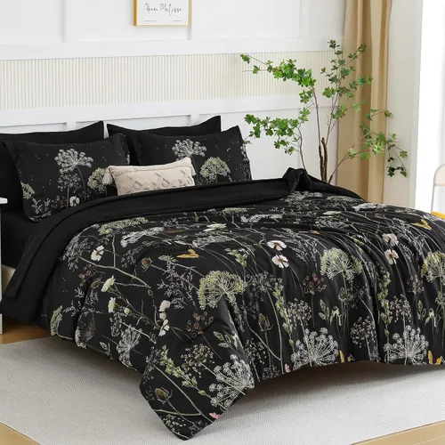 Miniatura 2 de Yiran - Juego de edredón Queen de 7 piezas, juego de ropa de cama con motivos de diente de león negro, cama de invierno en una bolsa Queen, juego