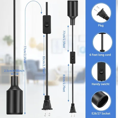 Miniatura 2 de Paquete de 10 cables de luz colgante con interruptor, extensión de portalámparas, kit de lámpara de cable de portalámparas para casquillo de lámpara