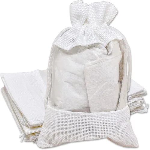 Miniatura 40 de Paquete de 12 bolsas de regalo medianas de lino, arpillera y organza con cordones (5 x 7 pulgadas, blanco) - Bolsa de malla para recuerdos