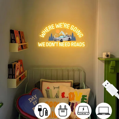 Miniatura 3 de Letrero de neón personalizado con texto en inglés «Where We're Going We Don't Need Roads», neón LED retro para decoración de pared, USB regulable