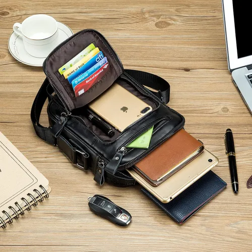 Miniatura 8 de BAIGIO Bolso de hombro de cuero genuino para hombre, maletín de mensajero, bolso de mano cruzado, bolso de viaje
